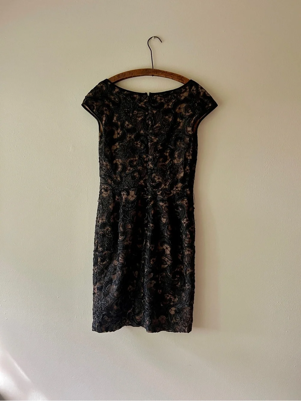 Vintage 80s Tadashi Shoji Black Lace Midi Dress with Nude Underlay - Picture 3 of 7